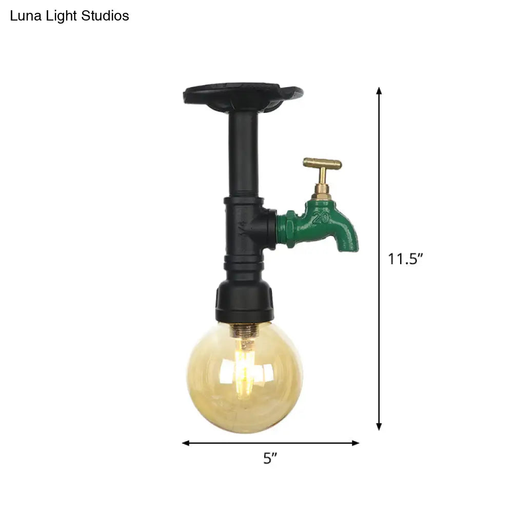 Amber Glass Semi Flush Industrial Ceiling Lamp - Global Black Finish