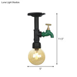 Amber Glass Semi Flush Industrial Ceiling Lamp - Global Black Finish