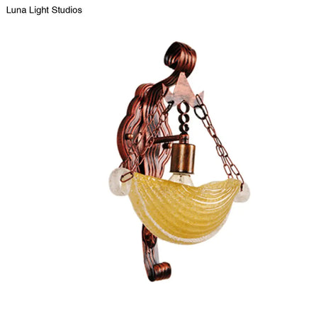 Amber Glass Vintage Sconce Light - Bowl Shaped Weathered Copper Wall Lamp For Bedroom