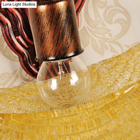 Amber Glass Vintage Sconce Light - Bowl Shaped Weathered Copper Wall Lamp For Bedroom