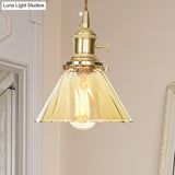 Amber Ruffle Glass Pendant Lamp - Retro Flared Style 1-Light Ceiling Hanging Light For Kitchen