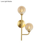 Amber/Smoke Gray Glass 2-Head Led Wall Sconce - Sphere Bathroom Mount Light With Brass Finish