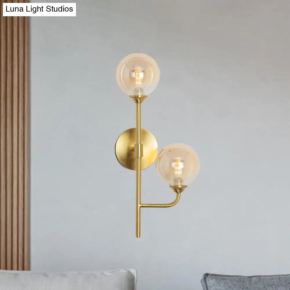 Amber/Smoke Gray Glass 2-Head Led Wall Sconce - Sphere Bathroom Mount Light With Brass Finish