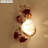 American Flower Wall Sconce 1 Bulb Blooming Light In Red Brown Frosted White Glass -