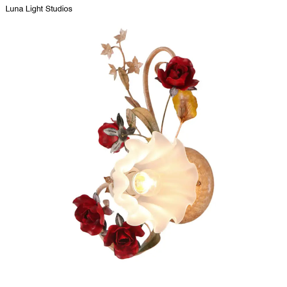 American Flower Wall Sconce 1 Bulb Blooming Light In Red Brown Frosted White Glass -