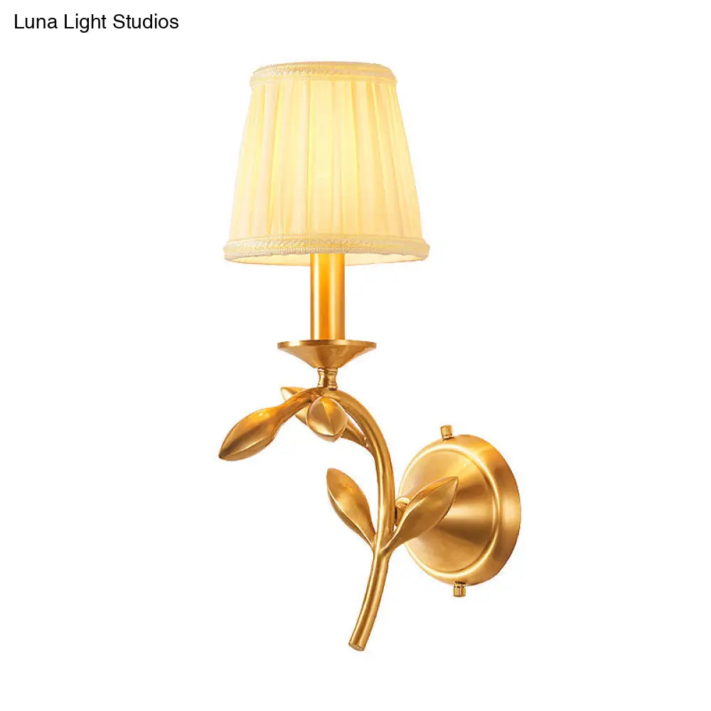 American Rustic Fabric Wall Sconce With Brass Pleated Shade For Living Room Lighting