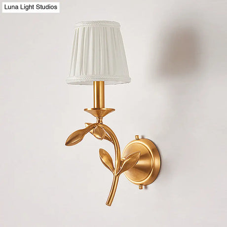 American Rustic Fabric Wall Sconce With Brass Pleated Shade For Living Room Lighting