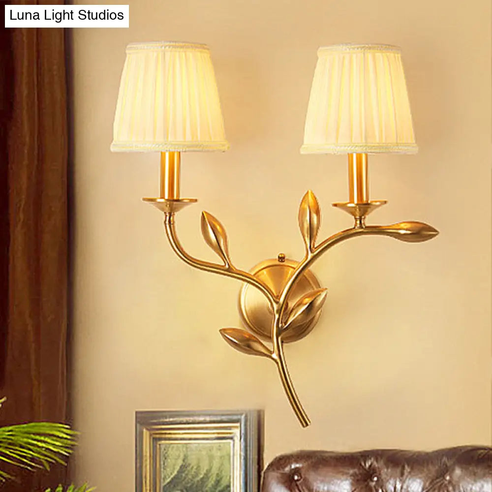 American Rustic Fabric Wall Sconce With Brass Pleated Shade For Living Room Lighting