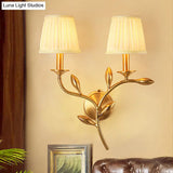 American Rustic Fabric Wall Sconce With Brass Pleated Shade For Living Room Lighting