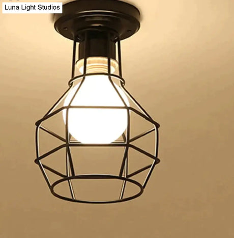 American Vintage Loft Led Ceiling Light Lamp Iron Cage Pyramid Corridor Entrance Balcony Bar