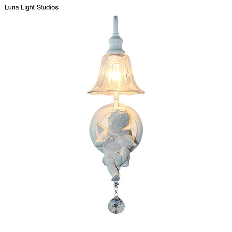 Angel Cream Wall Light Decorative 1-Head Resin Lamp - Flower Glass Shade & Crystal Orb