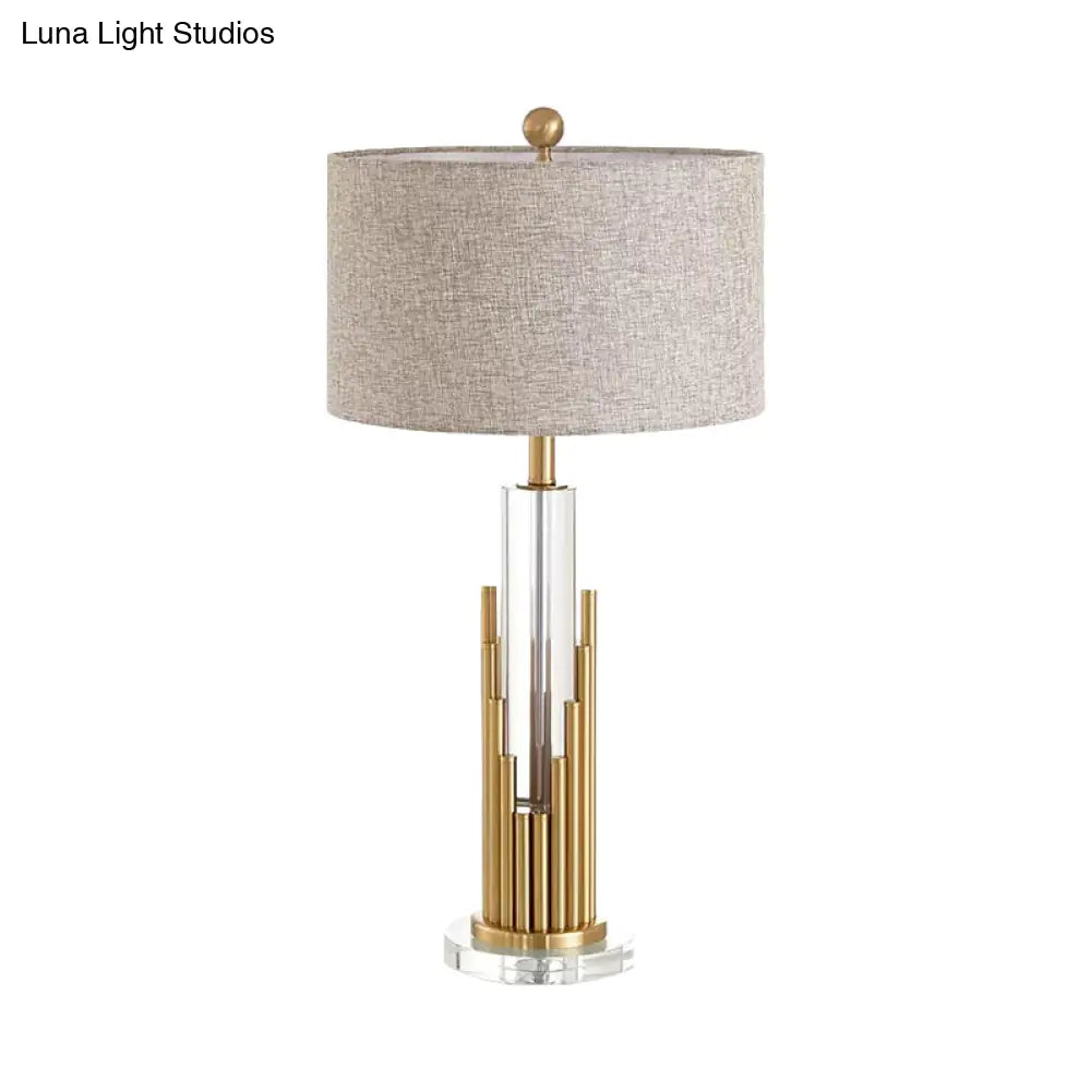 Ankaa - Modernist Round Shade Fabric Night Light 1 Head Flaxen Table Lamp With Gold Fluted Base