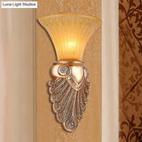 Antique Amber Prism Glass Wall Lamp - 1 Light Bedroom Sconce With Gold Peacock Tail Base 10/13 Wide