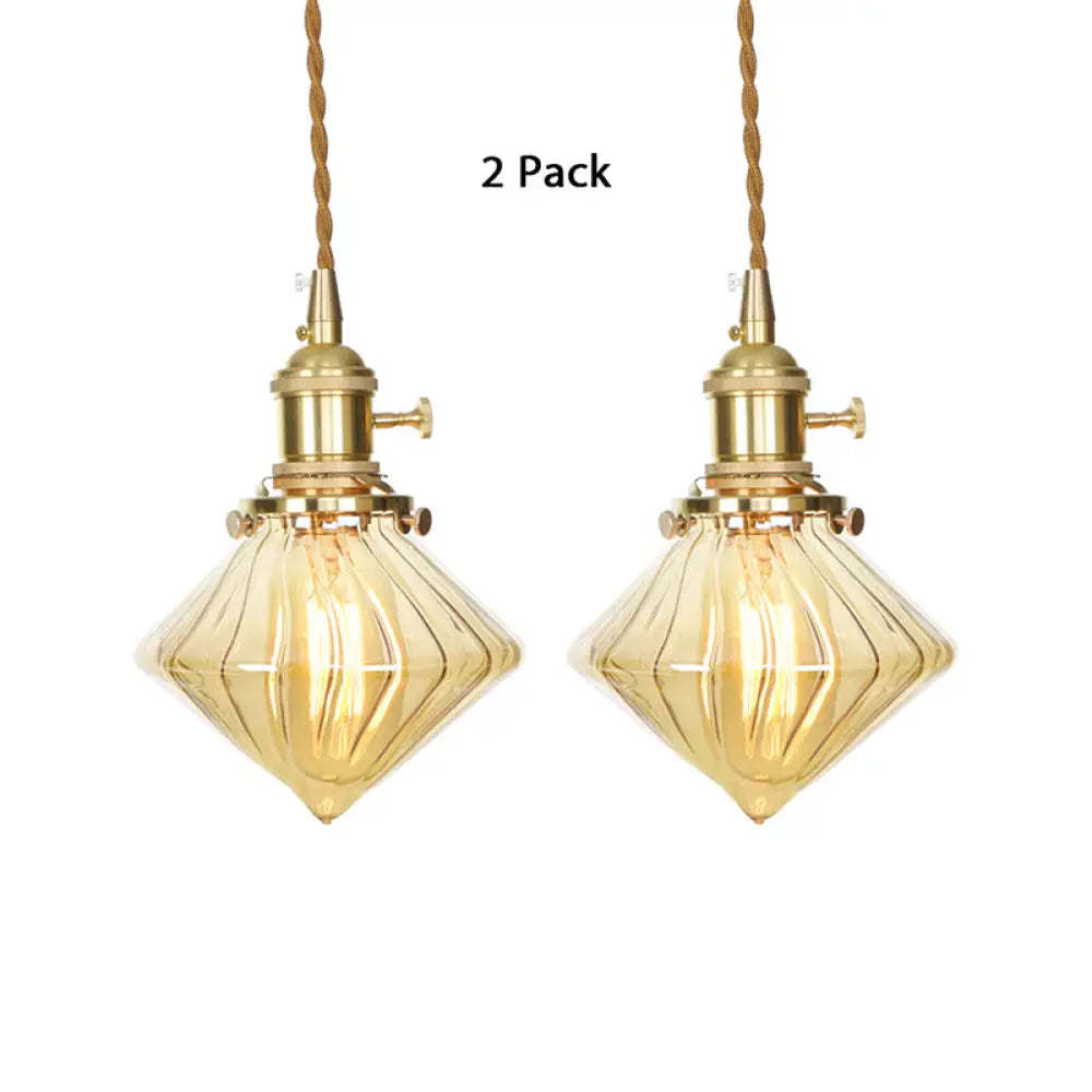 Antique Amber Ribbed Glass Hanging Light - Adjustable Single Ceiling Pendant / 2