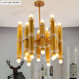 Antique Bamboo Tube Rope Chandelier - 24-Light Yellow Pendant Lamp For Living Room
