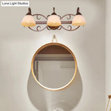 Antique Beige Glass Vanity Wall Light With Swooping Arm And Multiple Bulbs For Bathroom Sconce