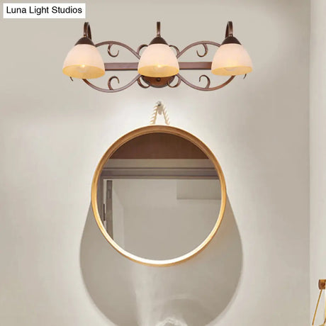 Antique Beige Glass Vanity Wall Light With Swooping Arm And Multiple Bulbs For Bathroom Sconce