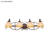 Antique Beige Glass Vanity Wall Light With Swooping Arm And Multiple Bulbs For Bathroom Sconce