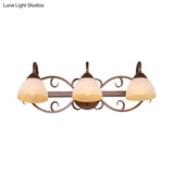 Antique Beige Glass Vanity Wall Light With Swooping Arm And Multiple Bulbs For Bathroom Sconce