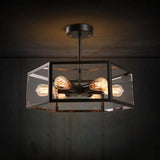Antique Black Hexagon Semi Flush Light Fixture - 6 Lights Clear Glass Close To Ceiling Lamp