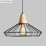 Antique Black Iron Pendant Light With Wooden Top - Rustic Hanging Fixture 1-Light