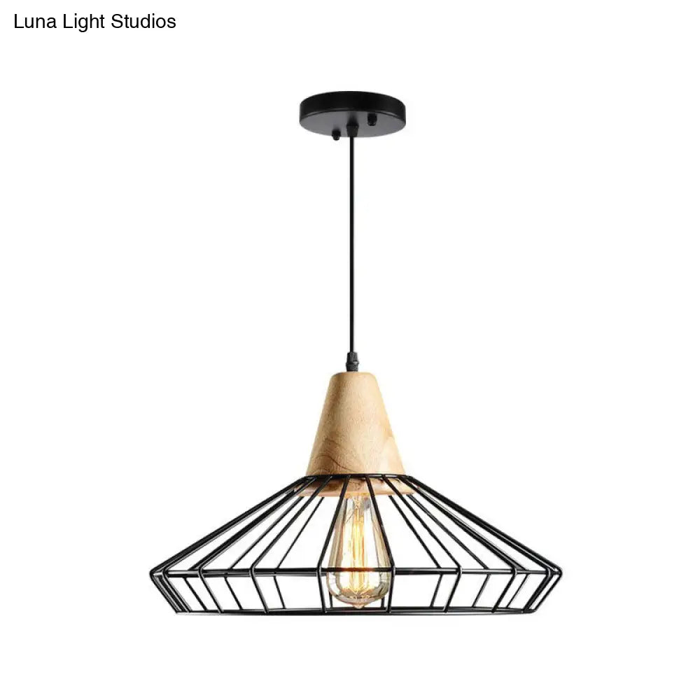 Antique Black Iron Pendant Light With Wooden Top - Rustic Hanging Fixture 1-Light