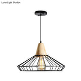 Antique Black Iron Pendant Light With Wooden Top - Rustic Hanging Fixture 1-Light