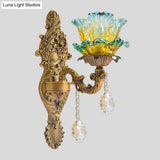 Antique Blue And Yellow Gradient Glass Wall Sconce Light With Brass Carved Arm