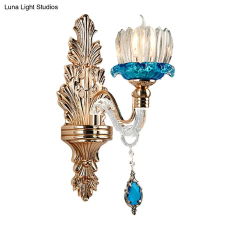 Antique Blue Crystal Flowerbud Wall Mount Light For Living Room
