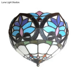 Antique Brass Floral Stained Glass Ceiling Light - Victorian Style Flush Mount Fixture For Living