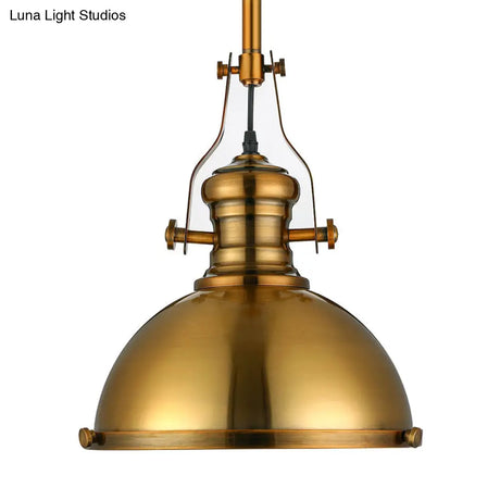 Antique Brass Pendant Light With Frosted Diffuser - Vintage Style Metal Dome Shade 1-Light Hanging