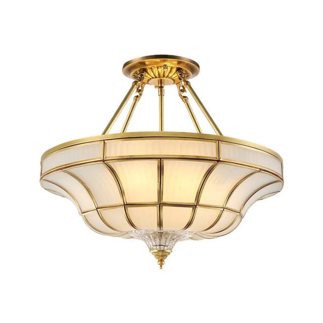 Antique Brass Semi Flush Ceiling Mount Light With Curved Frosted Glass - 3/6 Lights 16/19.5 Wide