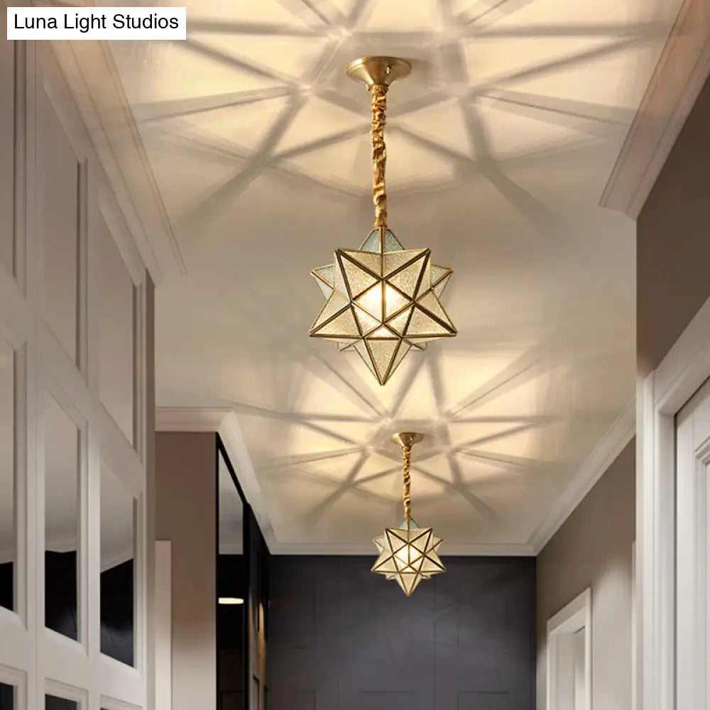 Antique Brass Star Shade Glass Pendant Lamp - Vintage Hanging Light For Hallway With Adjustable