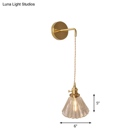 Antique Brass Wall Hanging Lamp With Clear Prismatic/Wavy Glass Bedside Lighting Rotary Switch