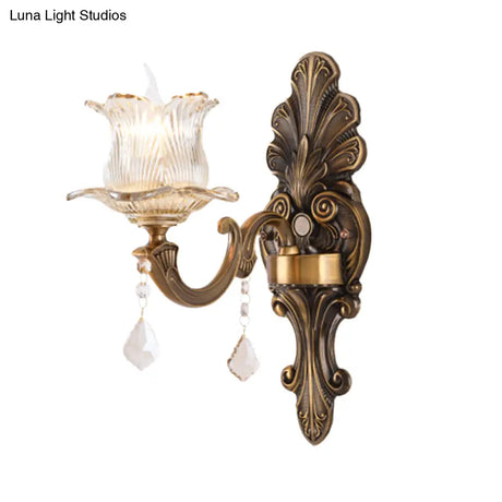 Antique Brass Wall Lamp: Single Mounted Bedside Light With Flower Shade & Clear Prismatic Glass