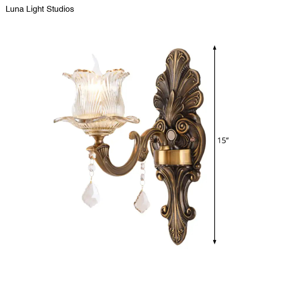 Antique Brass Wall Lamp: Single Mounted Bedside Light With Flower Shade & Clear Prismatic Glass