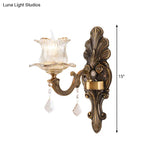 Antique Brass Wall Lamp: Single Mounted Bedside Light With Flower Shade & Clear Prismatic Glass
