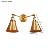 Antique Brass Wall Lamp With Dual Head And Adjustable Joint - Iron Horn/Scalloped/Cone Shade