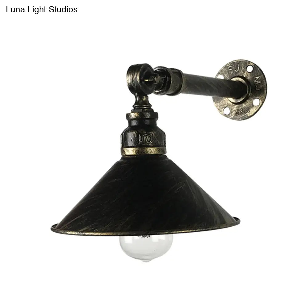 Antique Brass Wall Mounted Sconce Vintage Lamp For Restaurants - Metal Cone Shade 1-Bulb Lighting