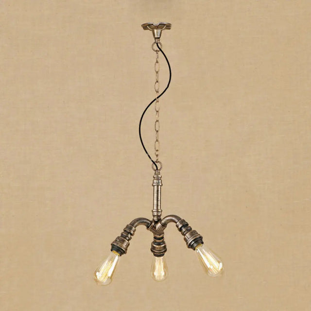 Antique Bronze 3-Light Open Bulb Chandelier - Farmhouse Hanging Fixture With Stylish Pipe Design