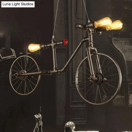 Antique Bronze Bicycle Pendant Lighting - 3-Light Indoor Ceiling Fixture With Pipe Design
