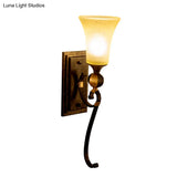 Antique Bronze Metal Wall Mount Sconce Lamp With Amber Glass Shade - Lodge Light Fixture
