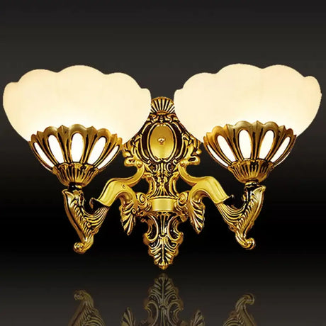 Antique Bronze Scalloped Glass Wall Mount Light - 2 Head Living Room Lighting