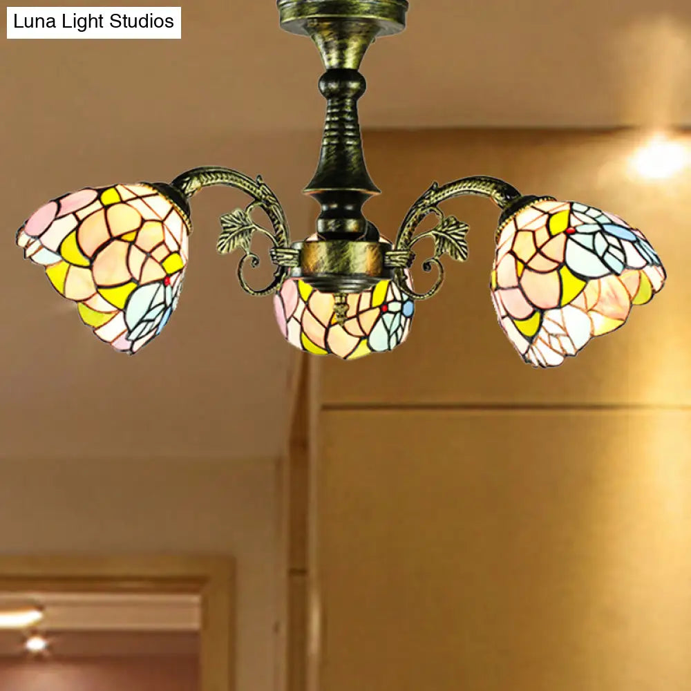 Antique Bronze Stained Glass Pendant Lighting: Leaf/Peacock Tail/Flower Tiffany Style 3/5 Lights