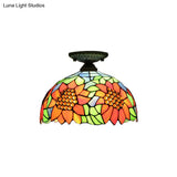 Antique Bronze Tiffany Style Art Glass Semi Flushmount Light With 2 Dome Lights For Corridor