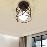 Antique Bronze Wire Cage Semi Flush Light With Hexagon Shade