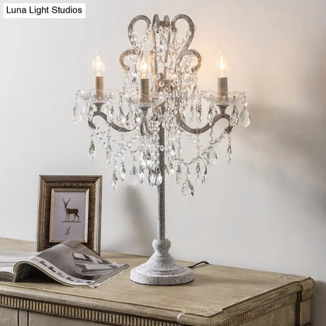Antique Candle Nightstand Lamp - 4-Head Metallic Table Lighting With Crystal Bead Decor