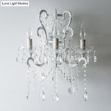 Antique Candlestick Wall Light With Crystal Accent - 3 Heads White Metallic Fixture