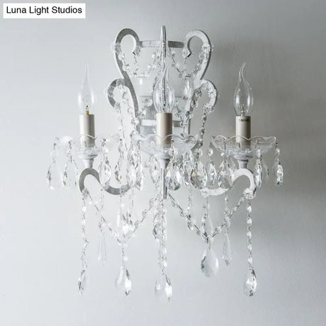 Antique Candlestick Wall Light With Crystal Accent - 3 Heads White Metallic Fixture