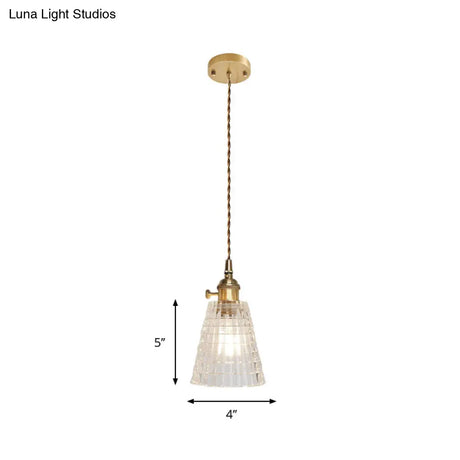 Antique Clear Glass Hanging Brass Pendant Light Fixture With Lattice/Grid Design - Ideal For Dining